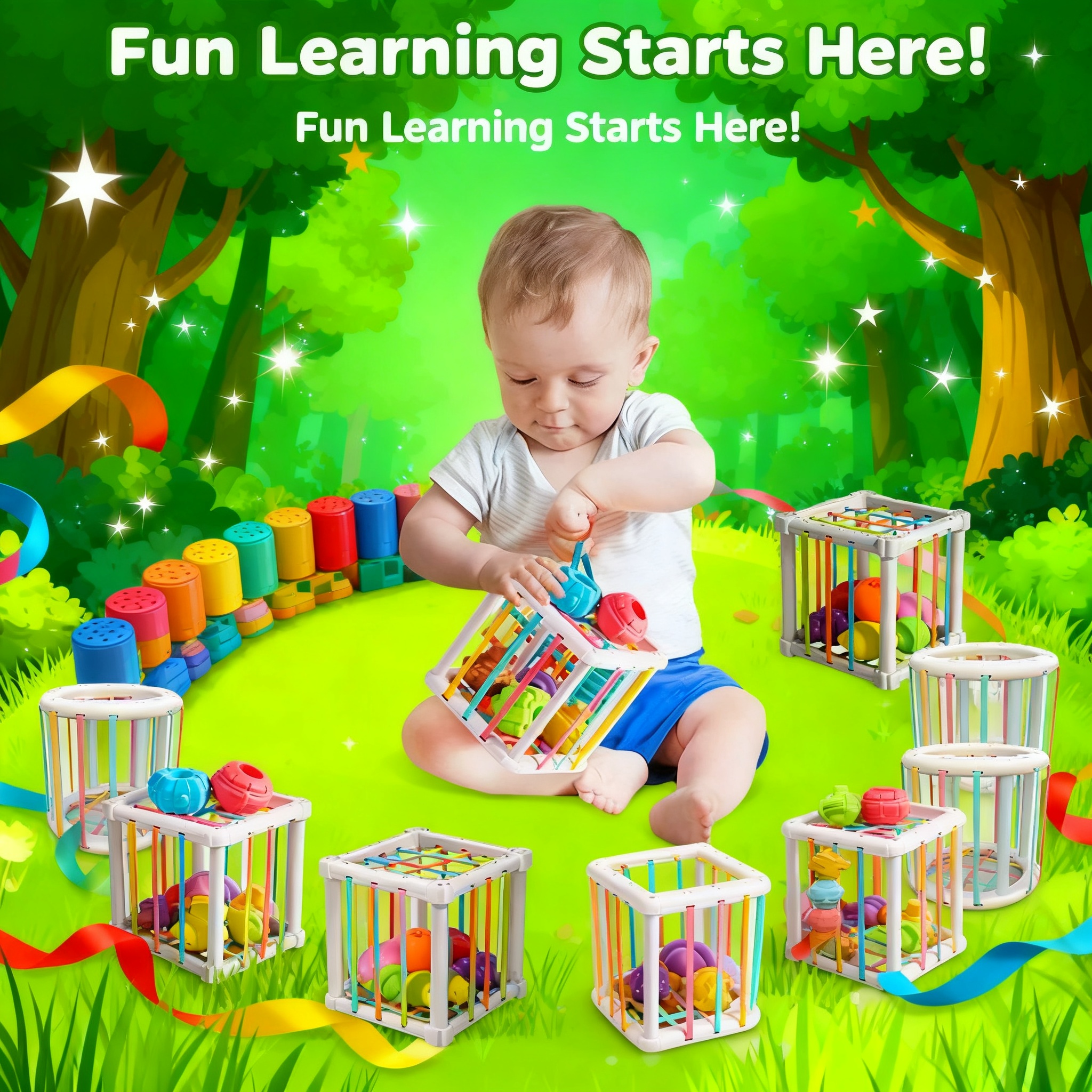 Kids Educational Device - Rainbow Colorful Montessori Shape Sorter Cube